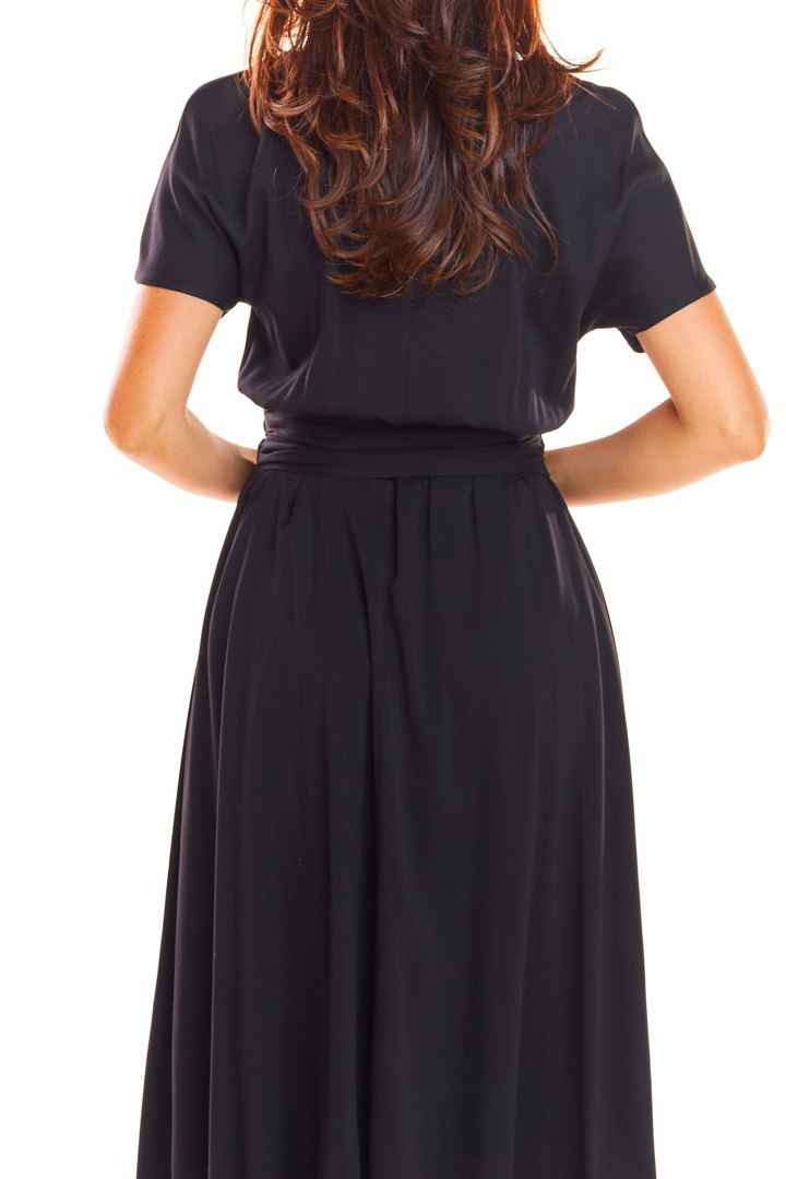 Sukienka midi z wiskozy z krótkim rękawem i wiązaniem czarna A296