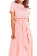 Sukienka midi z wiskozy z krótkim rękawem i wiązaniem różowa A296