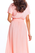 Sukienka midi z wiskozy z krótkim rękawem i wiązaniem różowa A296