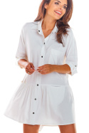 Sukienka koszulowa mini z wiskozy trapezowa zapinana biała A300