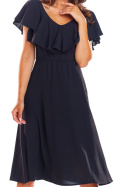 Sukienka letnia midi rozkloszowana z falbaną i dekoltem V czarna A304