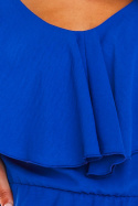 Sukienka letnia midi rozkloszowana z falbaną i dekoltem V niebieska A304