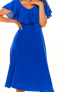 Sukienka letnia midi rozkloszowana z falbaną i dekoltem V niebieska A304
