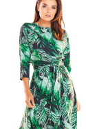 Sukienka midi rozkloszowana z nadrukiem i rękawem 3/4 zielona A313