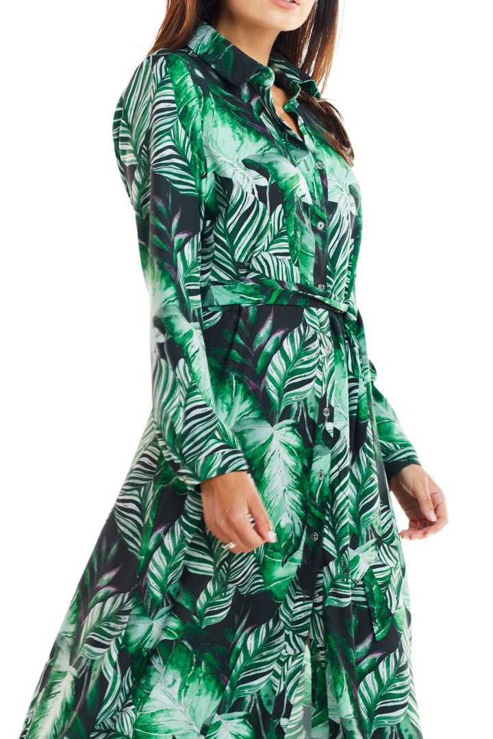Sukienka koszulowa maxi z nadrukiem i długim rękawem zielona A324