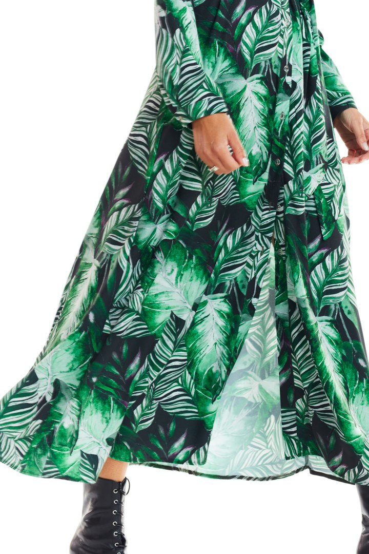 Sukienka koszulowa maxi z nadrukiem i długim rękawem zielona A324