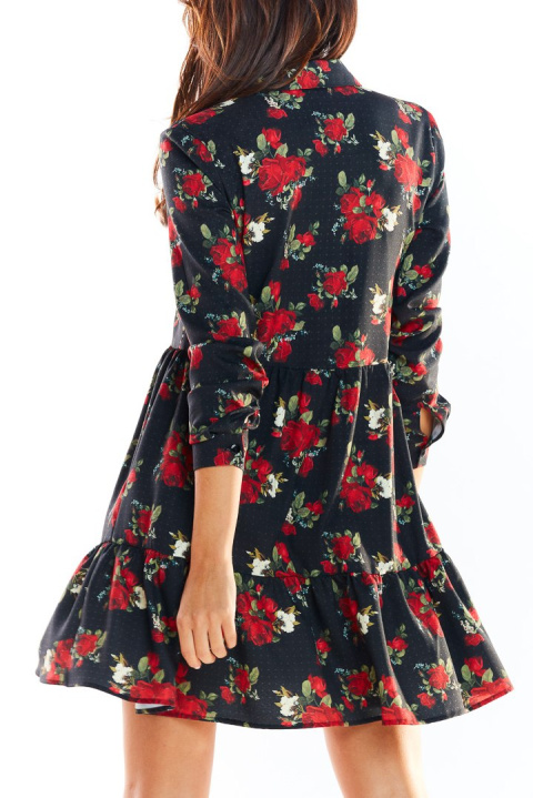 Sukienka mini koszulowa trapezowa z nadrukiem zapinana czarna A326 Sukienka mini koszulowa trapezowa z nadrukiem zapinana czarna A326