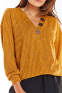 Sweter damski z wiskozy luźny z dekoltem V i guzikami kamelowy A323