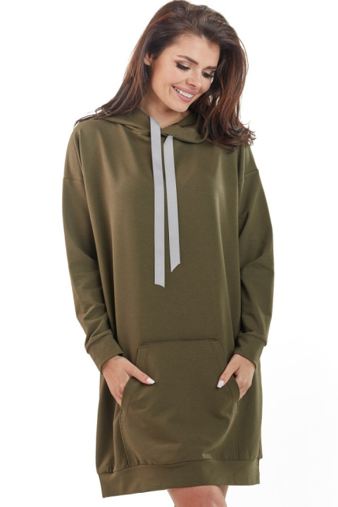 Długa bluza damska z kapturem kieszenią i ściągaczami khaki A212 Długa bluza damska z kapturem kieszenią i ściągaczami khaki A212