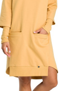 Prosta sukienka midi z kołnierzem i długim rękawem żółta B089