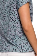 Bluzka damska z nadrukiem krótki rękaw drapowany dekolt miętowa B145