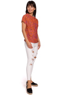 Bluzka damska z nadrukiem krótki rękaw drapowany dekolt pomarańczowa B145