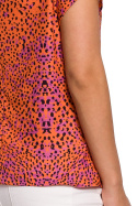 Bluzka damska z nadrukiem krótki rękaw drapowany dekolt pomarańczowa B145