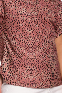 Bluzka damska z nadrukiem krótki rękaw drapowany dekolt łososiowa B145