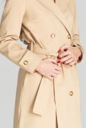 Płaszcz damski dwurzędowy z podszewką wiązany w pasie beżowy M698