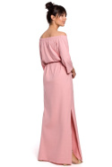 Sukienka maxi z dekoltem na ramiona wiązana w pasie różowa B146