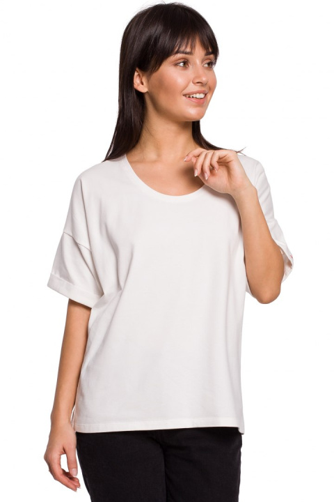 Bluzka damska oversize z głębokim dekoltem krótki rękaw ecru B147 Bluzka damska oversize z głębokim dekoltem krótki rękaw ecru B147