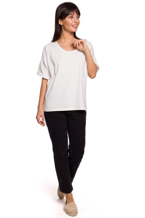 Bluzka damska oversize z głębokim dekoltem krótki rękaw ecru B147 Bluzka damska oversize z głębokim dekoltem krótki rękaw ecru B147