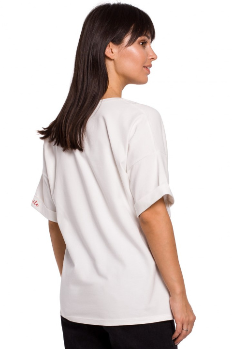 Bluzka damska oversize z głębokim dekoltem krótki rękaw ecru B147 Bluzka damska oversize z głębokim dekoltem krótki rękaw ecru B147