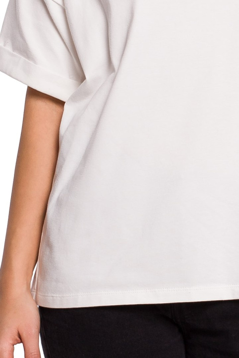 Bluzka damska oversize z głębokim dekoltem krótki rękaw ecru B147 Bluzka damska oversize z głębokim dekoltem krótki rękaw ecru B147