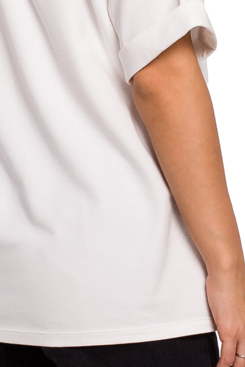 Bluzka damska oversize z głębokim dekoltem krótki rękaw ecru B147 Bluzka damska oversize z głębokim dekoltem krótki rękaw ecru B147