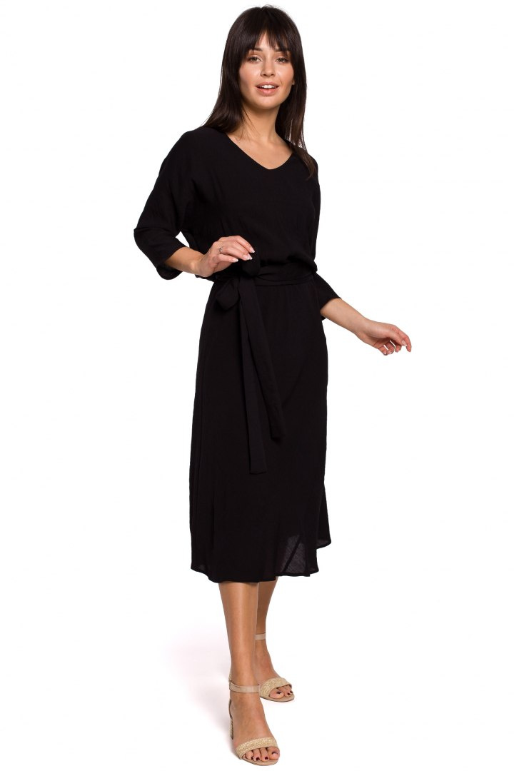 Sukienka midi z wiskozy wiązana w pasie krótki rękaw czarna B149