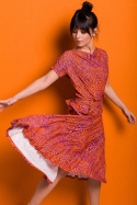 Sukienka rozkloszowana z nadrukiem wiązana krótki rękaw pomarańczowa B144