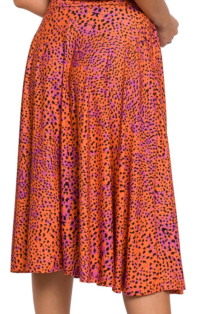 Sukienka rozkloszowana z nadrukiem wiązana krótki rękaw pomarańczowa B144