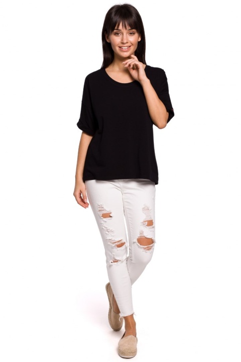 Bluzka damska oversize z głębokim dekoltem krótki rękaw czarna B147 Bluzka damska oversize z głębokim dekoltem krótki rękaw czarna B147