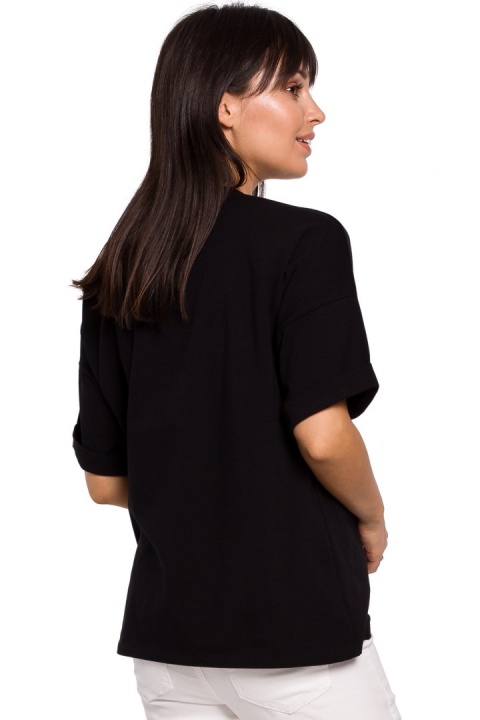 Bluzka damska oversize z głębokim dekoltem krótki rękaw czarna B147 Bluzka damska oversize z głębokim dekoltem krótki rękaw czarna B147
