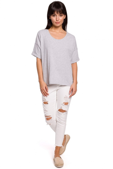 Bluzka damska oversize z głębokim dekoltem krótki rękaw szara B147 Bluzka damska oversize z głębokim dekoltem krótki rękaw szara B147