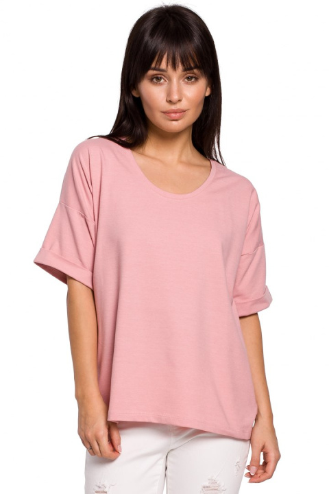 Bluzka damska oversize z głębokim dekoltem krótki rękaw różowa B147 Bluzka damska oversize z głębokim dekoltem krótki rękaw różowa B147
