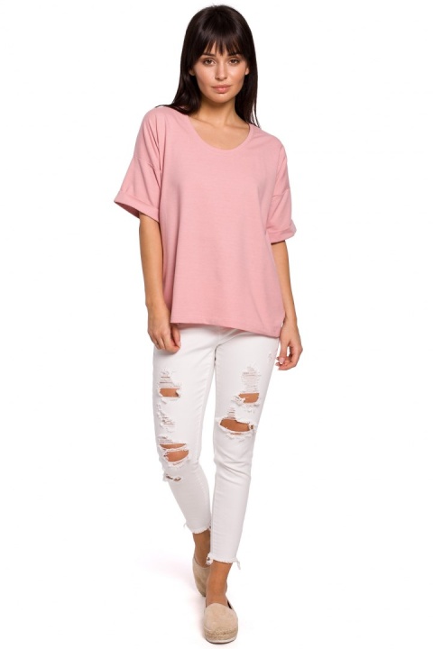 Bluzka damska oversize z głębokim dekoltem krótki rękaw różowa B147 Bluzka damska oversize z głębokim dekoltem krótki rękaw różowa B147