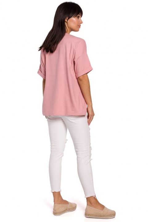 Bluzka damska oversize z głębokim dekoltem krótki rękaw różowa B147 Bluzka damska oversize z głębokim dekoltem krótki rękaw różowa B147