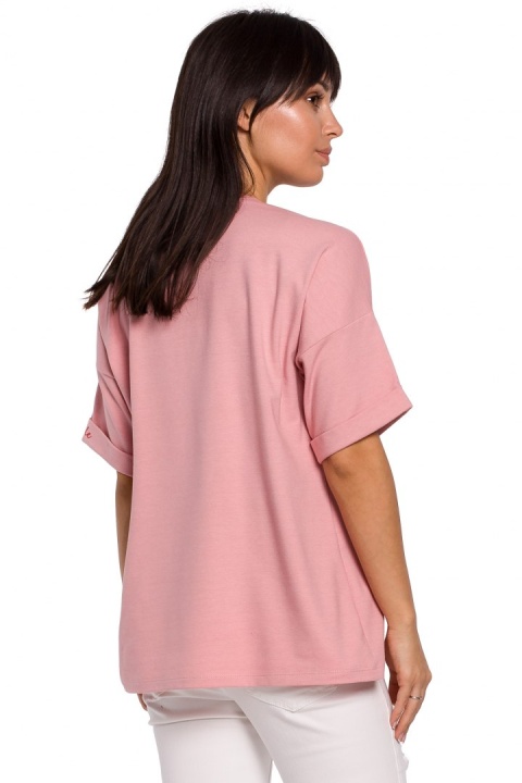 Bluzka damska oversize z głębokim dekoltem krótki rękaw różowa B147 Bluzka damska oversize z głębokim dekoltem krótki rękaw różowa B147