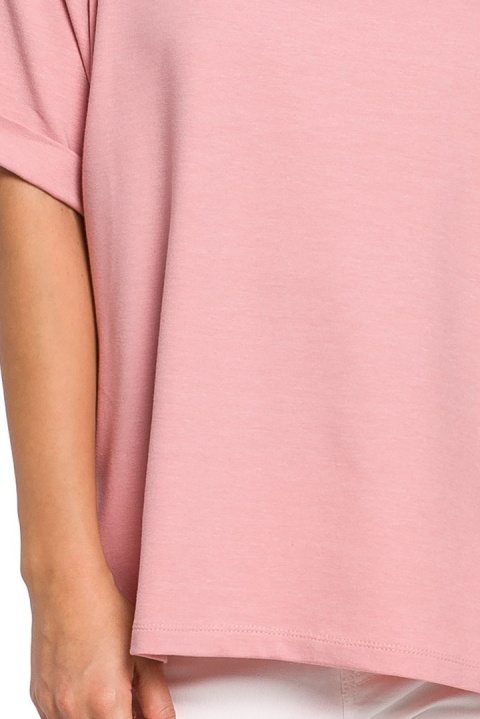 Bluzka damska oversize z głębokim dekoltem krótki rękaw różowa B147 Bluzka damska oversize z głębokim dekoltem krótki rękaw różowa B147