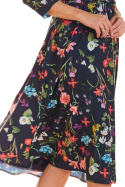 Sukienka midi z rękawem 3/4 wiązana w pasie granatowa kwiaty M192