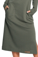 Sukienka maxi z kapturem długim rękawem i kieszeniami khaki r.M B128