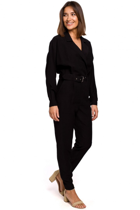 Elegancki kombinezon z wiskozy długi rękaw spodnie chino czarny S209 Elegancki kombinezon z wiskozy długi rękaw spodnie chino czarny S209