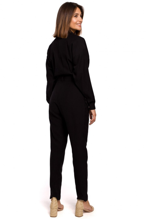 Elegancki kombinezon z wiskozy długi rękaw spodnie chino czarny S209 Elegancki kombinezon z wiskozy długi rękaw spodnie chino czarny S209