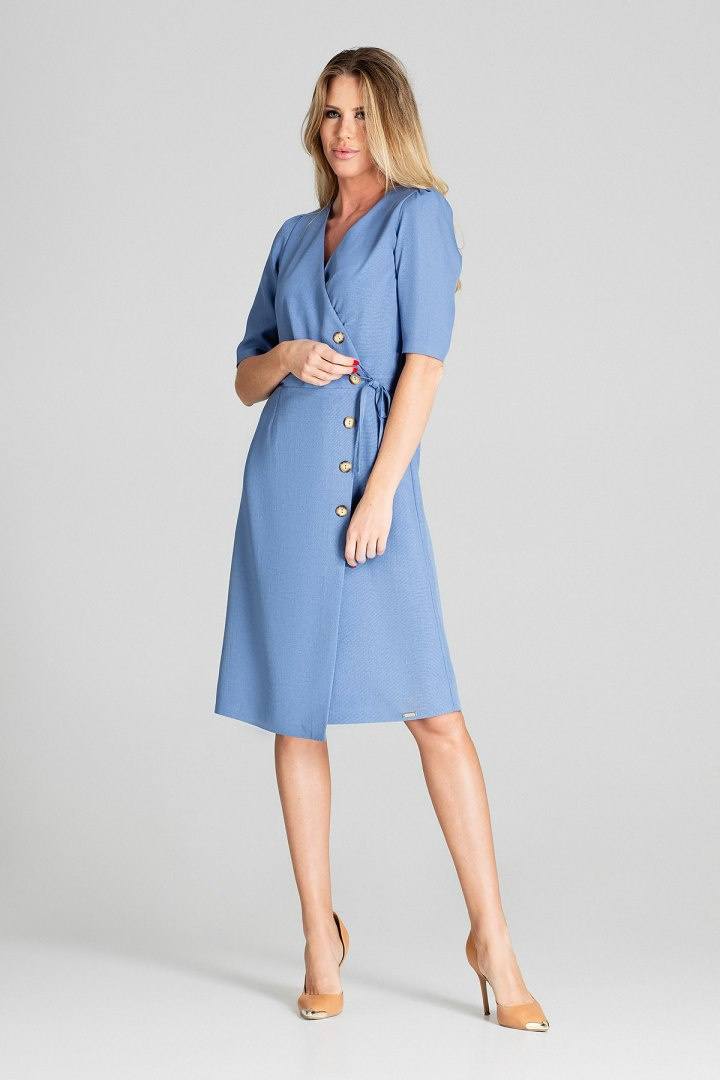 Sukienka kopertowa midi z krótkim rękawem i dekoltem V niebieska M703