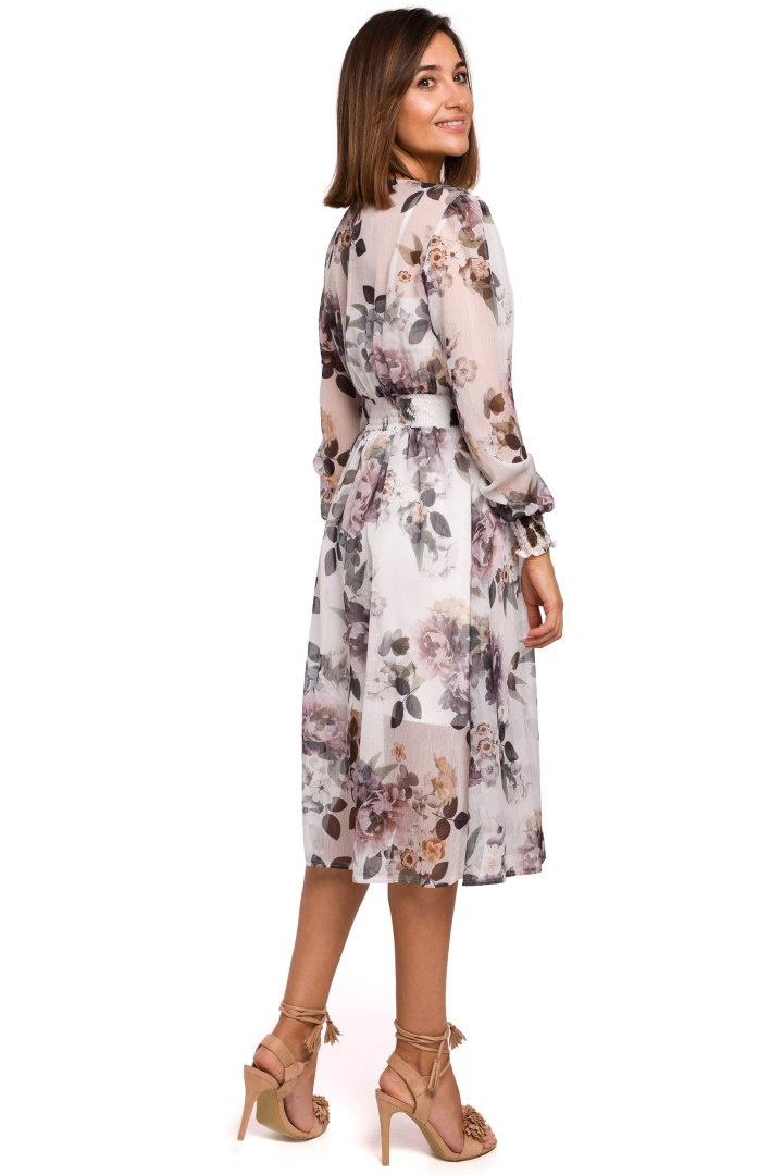 Sukienka szyfonowa midi z gumką w kwiaty fason A długi rękaw m1 S213