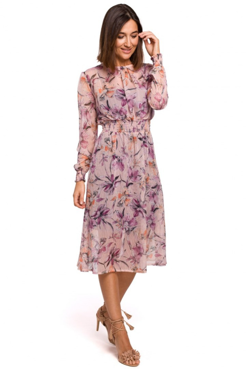 Sukienka szyfonowa midi z gumką w kwiaty fason A długi rękaw m2 S213
