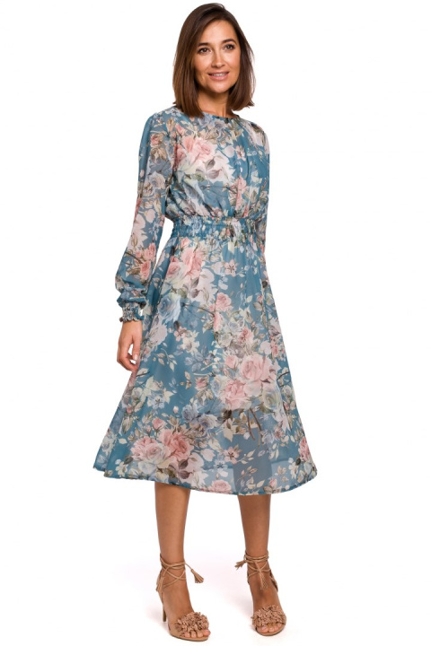 Sukienka szyfonowa midi z gumką w kwiaty fason A długi rękaw m4 S213