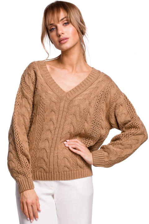 Lekki sweter damski ażurowy z dekoltem w serek beżowy me510 Lekki sweter damski ażurowy z dekoltem w serek beżowy me510