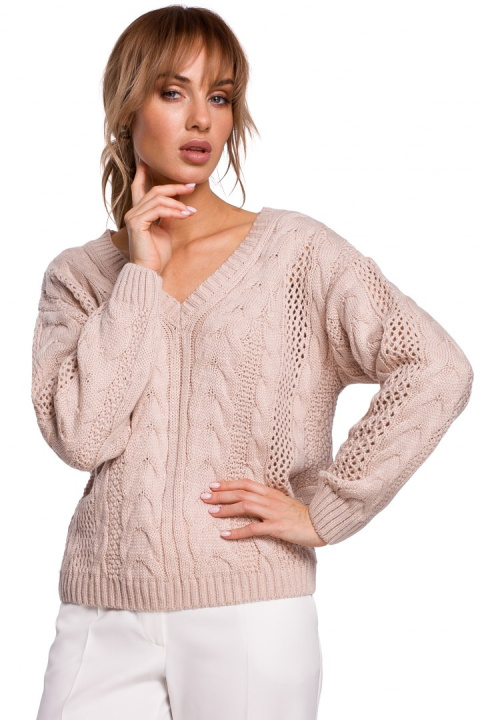 Lekki sweter damski ażurowy z dekoltem w serek pudrowy me510 Lekki sweter damski ażurowy z dekoltem w serek pudrowy me510