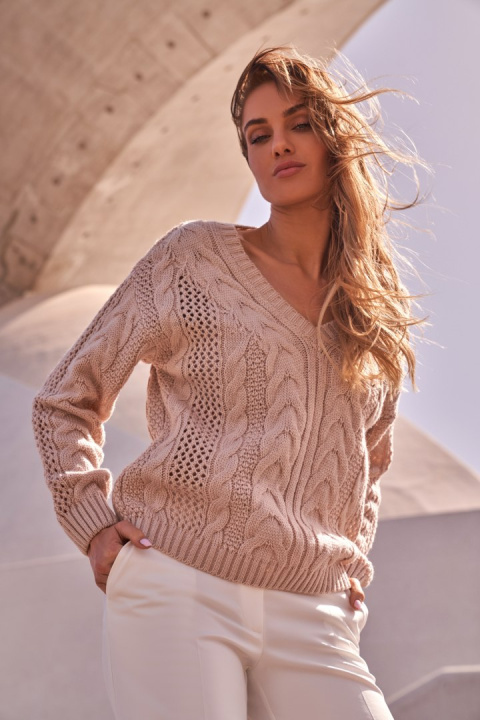Lekki sweter damski ażurowy z dekoltem w serek pudrowy me510 Lekki sweter damski ażurowy z dekoltem w serek pudrowy me510