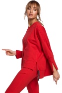 Luźna bluza damska z lampasem i rozcięciami na bokach czerwona me491