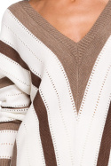 Elegancki sweter damski z dekoltem V z przodu i ztyłu brązowy S218