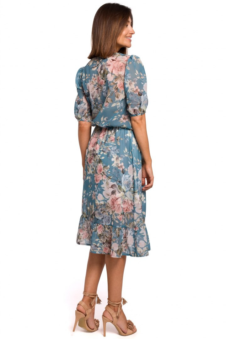 Sukienka szyfonowa midi w kwiaty z krótkim rękawem dekolt V m4 S215